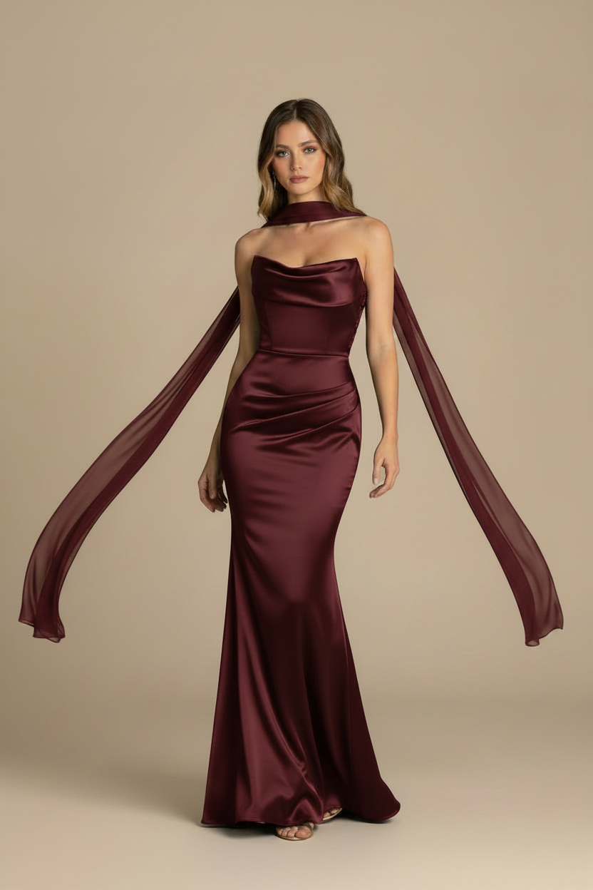 Serena – Vestido Maxi Strapless Efecto Silueta Burdeos