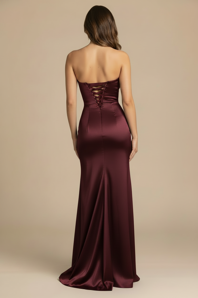 Serena – Vestido Maxi Strapless Efecto Silueta Burdeos