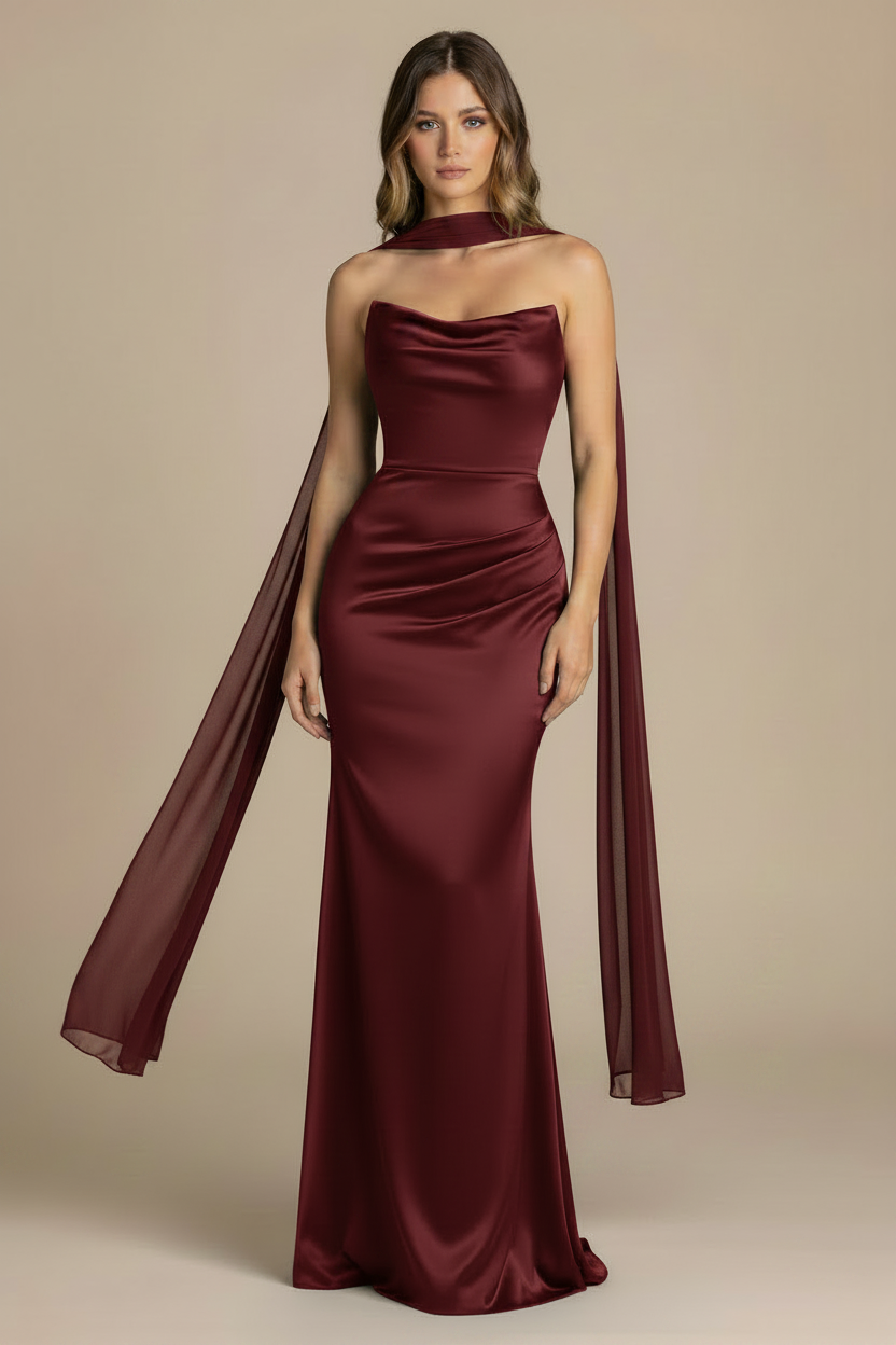 Serena – Vestido Maxi Strapless Efecto Silueta Burdeos