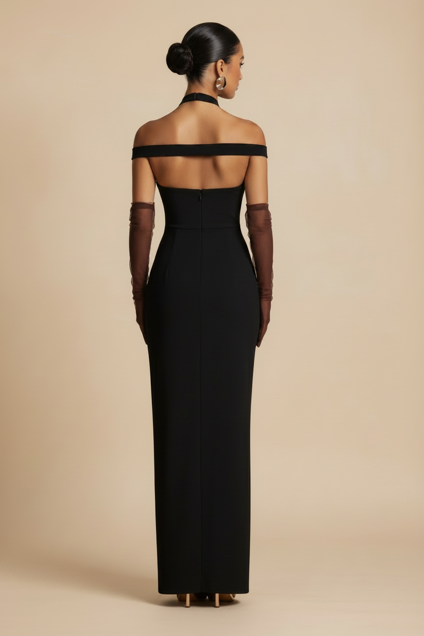 Selene – Vestido Maxi Off Shoulder Efecto Silueta Negro