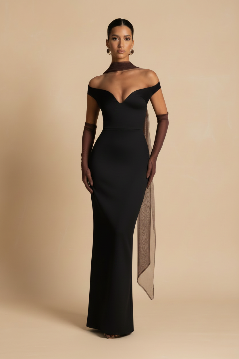 Selene – Vestido Maxi Off Shoulder Efecto Silueta Negro