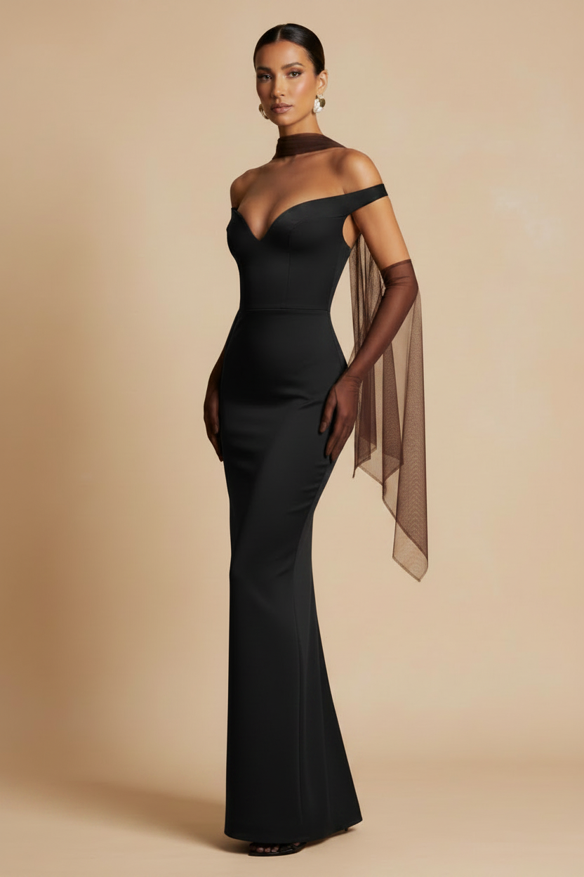 Selene – Vestido Maxi Off Shoulder Efecto Silueta Negro