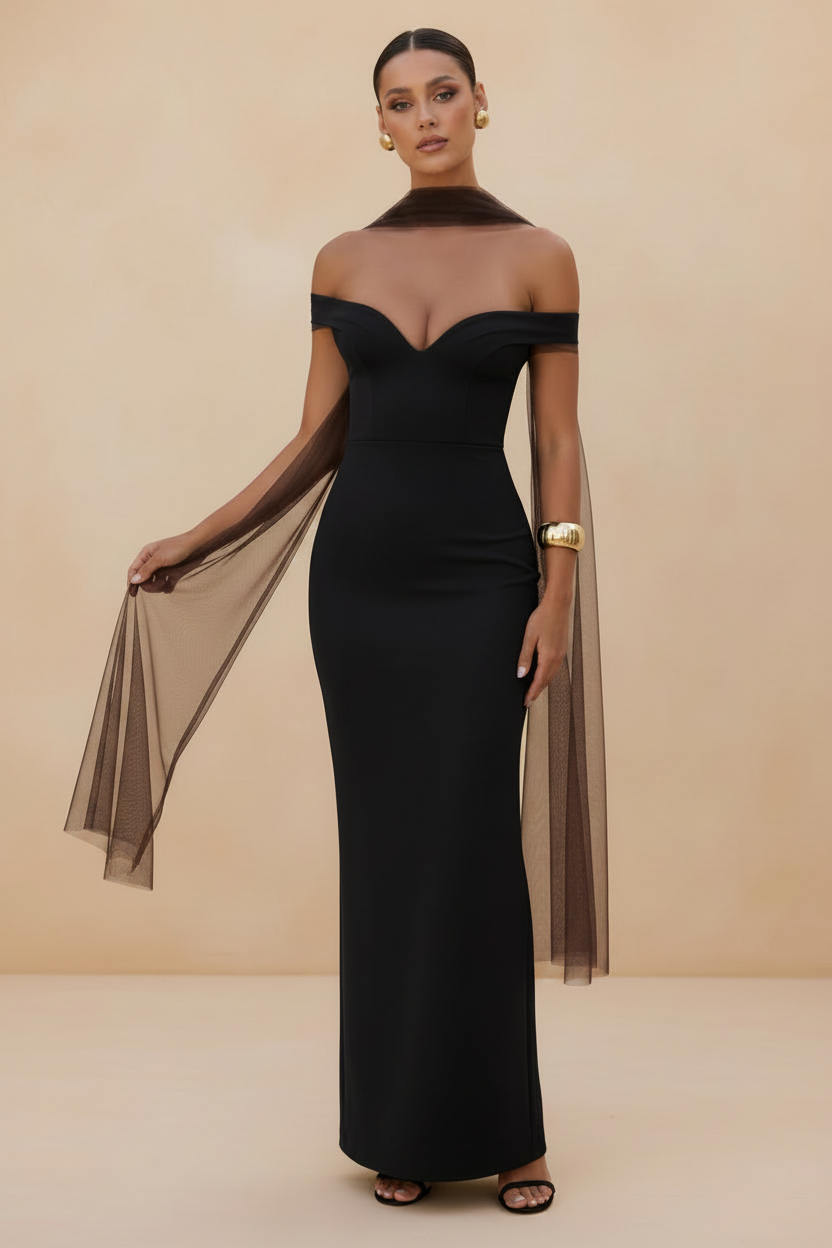 Selene – Vestido Maxi Off Shoulder Efecto Silueta Negro