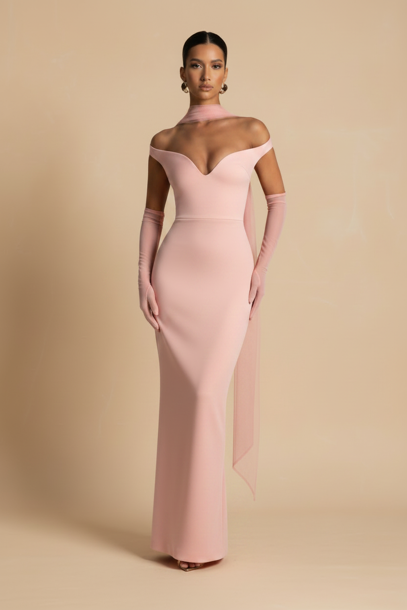Selene – Vestido Maxi Off Shoulder Efecto Silueta Rosa