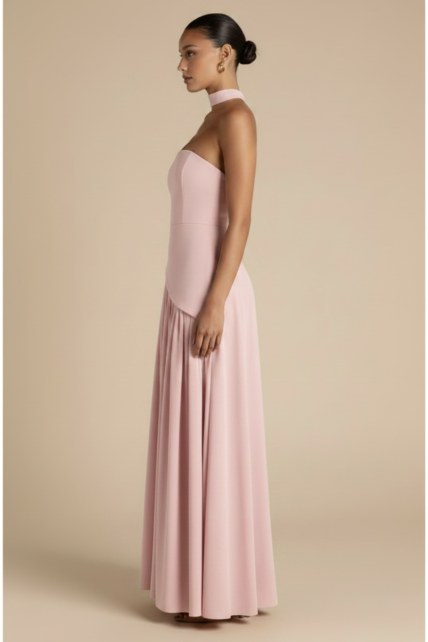 Valeria – Vestido Maxi Strapless Abertura Elegante Rosa Claro
