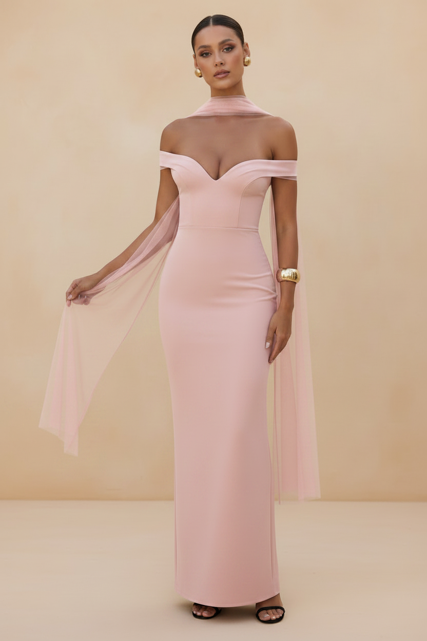 Selene – Vestido Maxi Off Shoulder Efecto Silueta Rosa