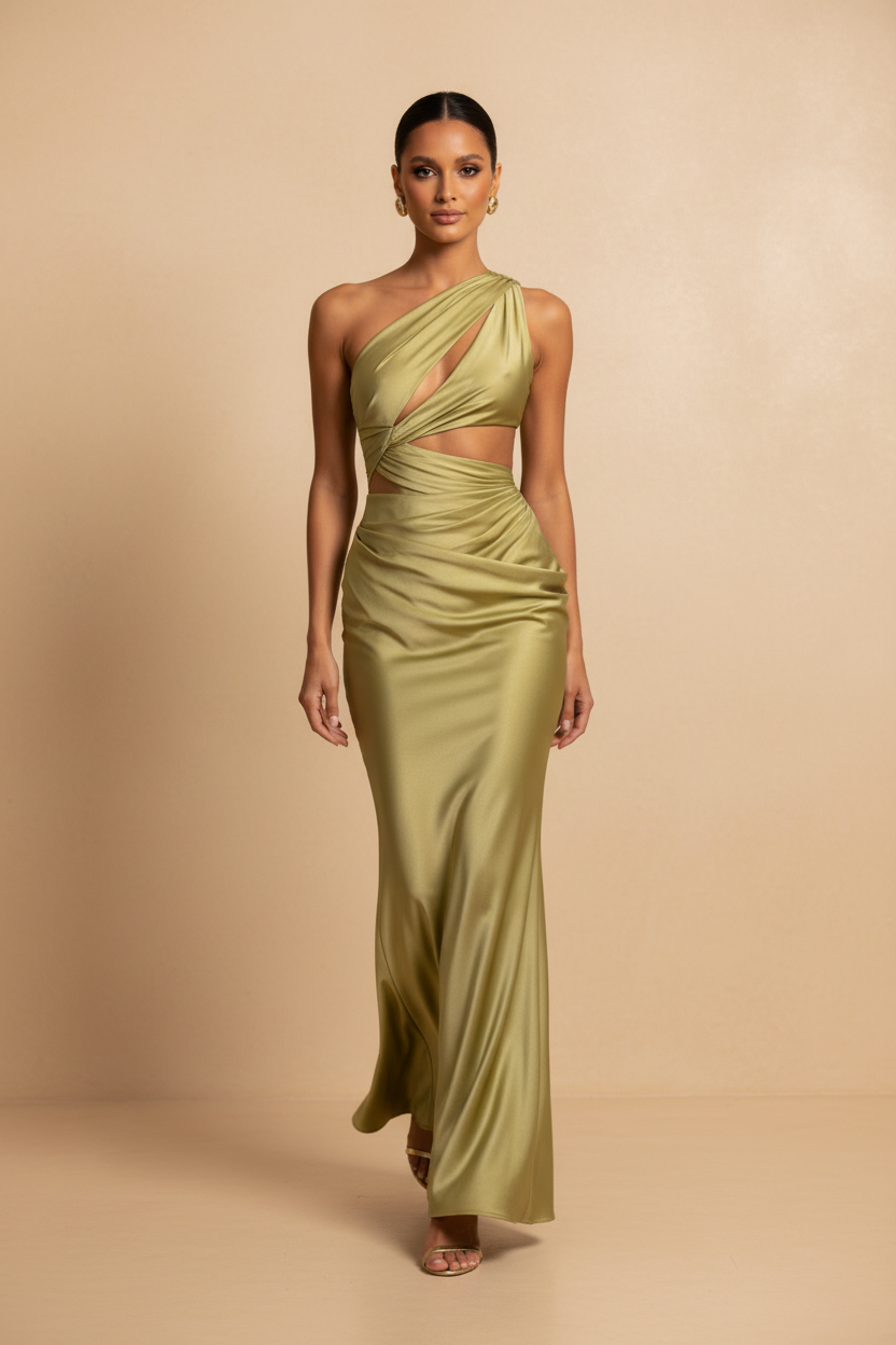 Aveline – Vestido Maxi Asimétrico Satinado Verde Oliva